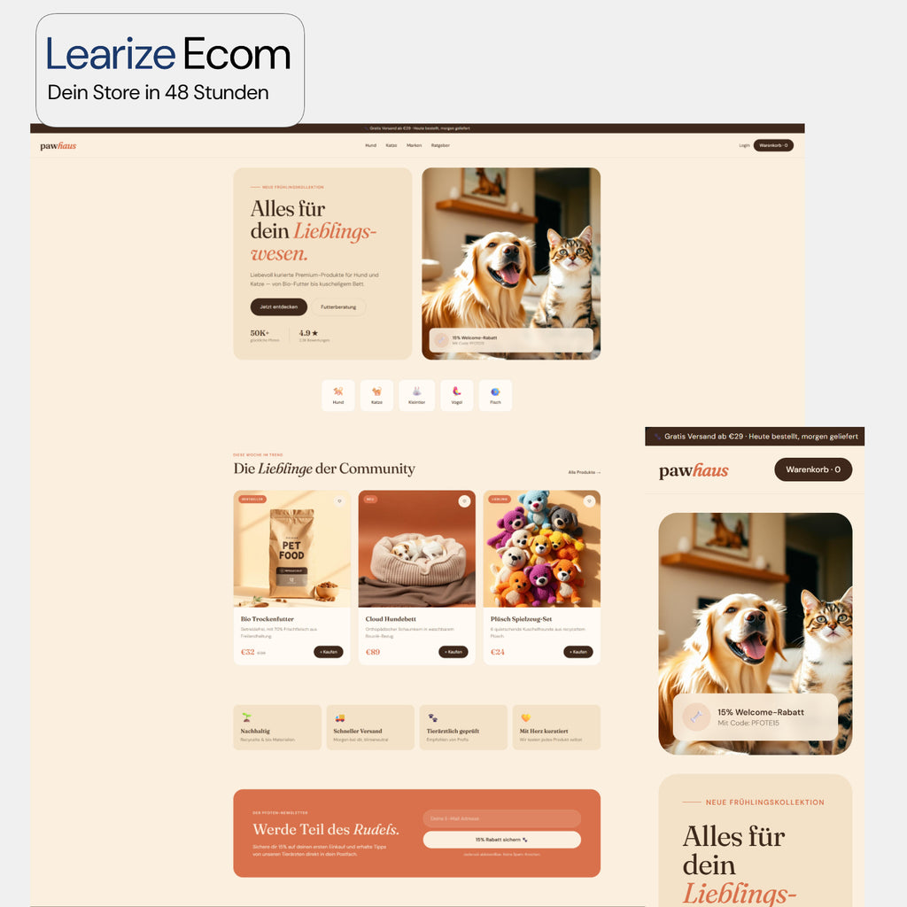 Dein fertiger Shopify Store — in 48 Stunden startklar